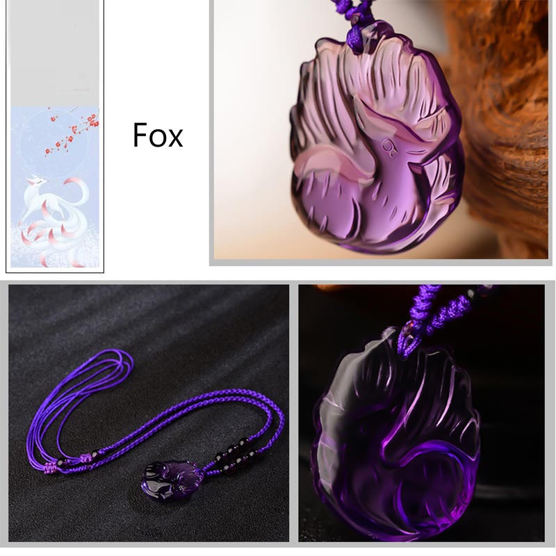 Nimara Ritual Natural Amethyst White Crystal Citrine Nine Tailed Fox Luck Necklace Pendant