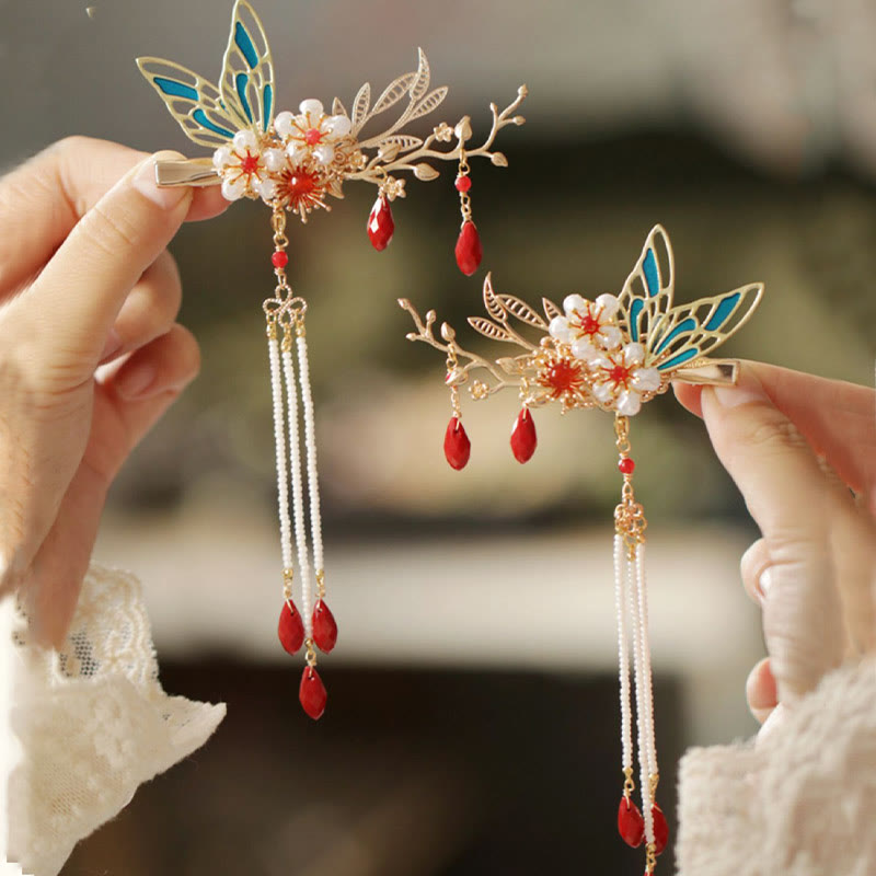 Nimara Ritual Classical Chinese Style Flower Branche Butterfly Pearl Tassel Hair Clip Hair Comb Hair Crown