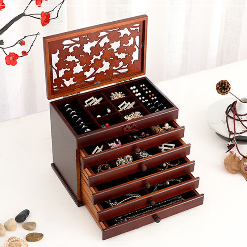 Nimara Ritual Vintage Plum Blossom Carved Wooden Jewelry Box Six-Layer Jewelry Storage Box
