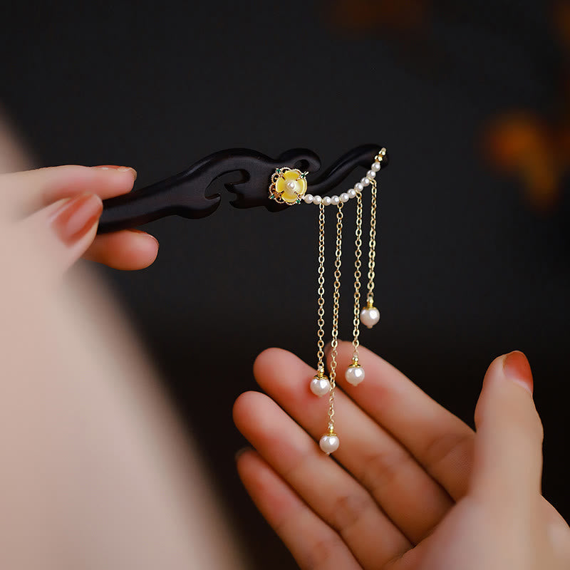 Nimara Ritual Ebony Wood Yellow Flower Pearl Tassels Hairpin
