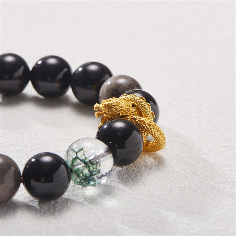 Nimara Ritual Natural Silver Sheen Obsidian Dragon Green Phantom Protection Bracelet