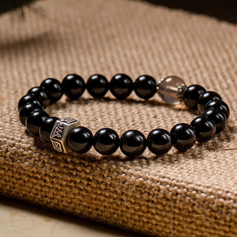 Nimara Ritual Chinese Zodiac Natal Buddha 925 Sterling Silver Black Obsidian Moonstone Strength Bracelet