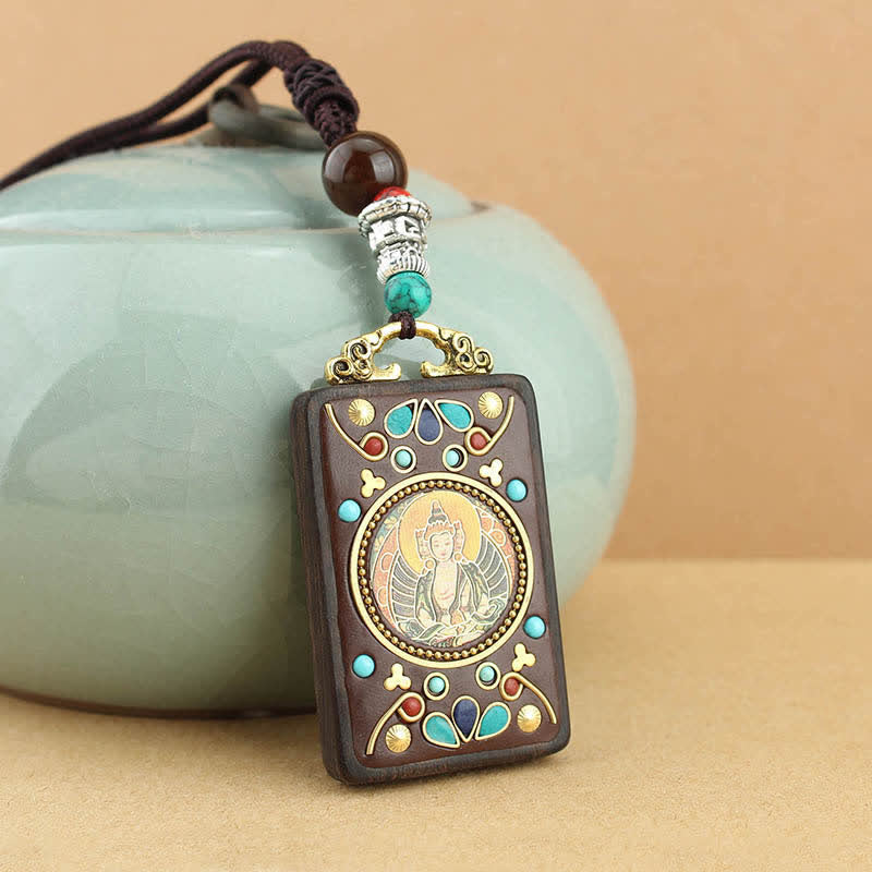 Nimara Ritual Tibet God of Wealth Thangka Ebony Peace Necklace Pendant