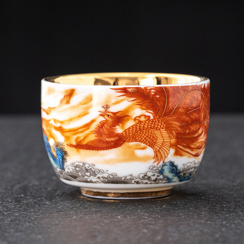 Nimara Ritual Dragon Phoenix Crane Sun Ocean Waves Gilt Ceramic Teacup Kung Fu Tea Cup 170ml