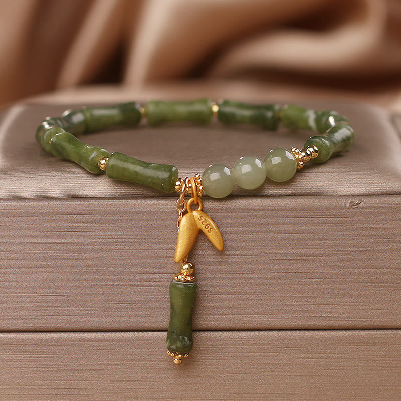 Nimara Ritual Green Bamboo Jade Leaf Pattern Wealth Luck Bracelet