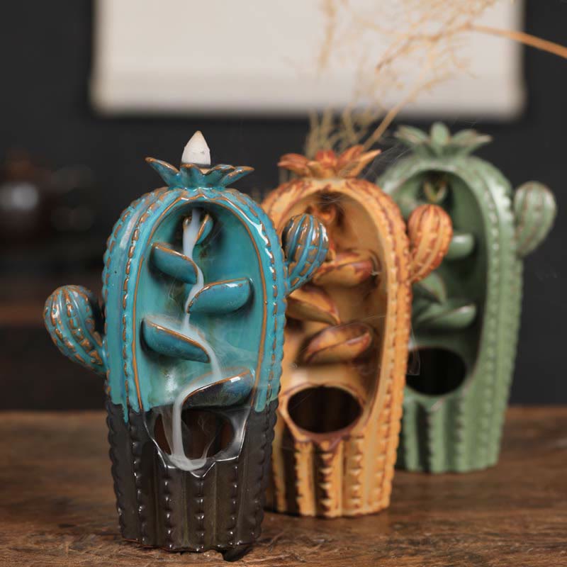 Nimara Ritual Cactus Ceramic Healing Backflow Smoke Fountain Incense Burner