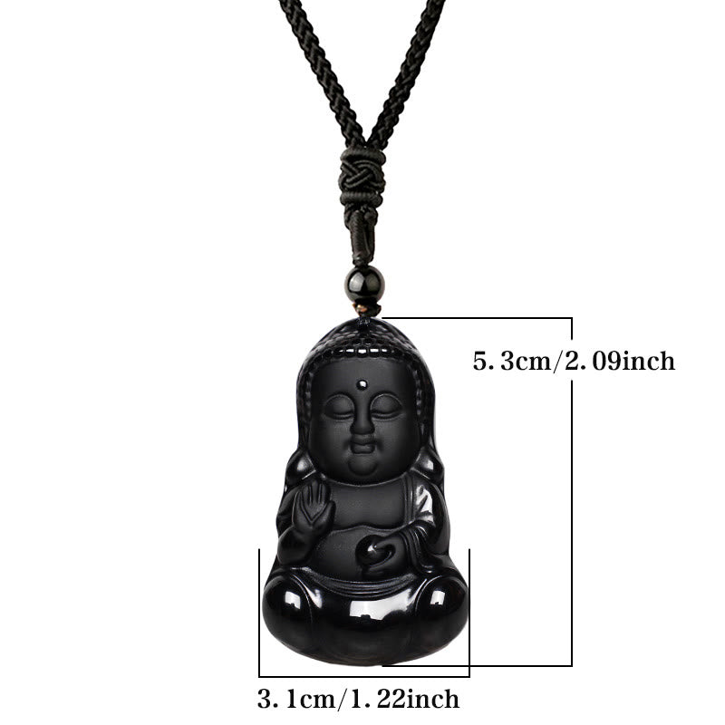 Nimara Ritual Natural Black Obsidian Crystal Buddha Strength Protection Amulet Lucky Charm Pendant Necklace
