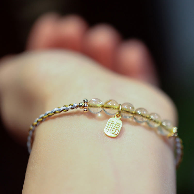 Nimara Ritual 925 Sterling Silver Natural Jade Gourd Rutilated Quartz Fu Character Luck Braid Bracelet