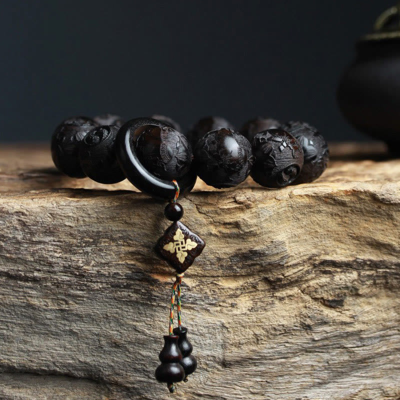 Nimara Ritual Ebony Wood Chinese Character Yin Yang Engraved Gourd Balance Bracelet