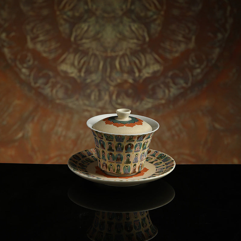 Nimara Ritual Dunhuang Color Thousand Buddhas Flying Apsaras Pattern Gaiwan Teacup Kung Fu Tea Cup With Lid