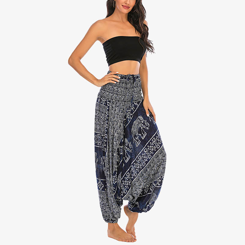 Nimara Ritual Two Style Wear Elephant Pattern Loose Smocked Harem Trousers Jumpsuit Women's Yoga Pants