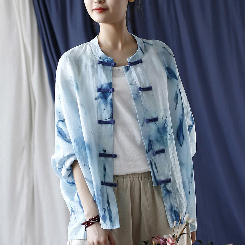 Nimara Ritual Tie Dye Blue Flowers Frog-Button Design Long Sleeve Ramie Linen Jacket Shirt