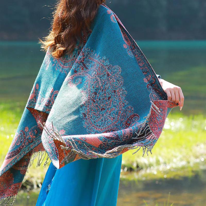 Nimara Ritual Tibetan Vine Leaves Pattern Design Shawl Cozy Travel Scarf Wrap