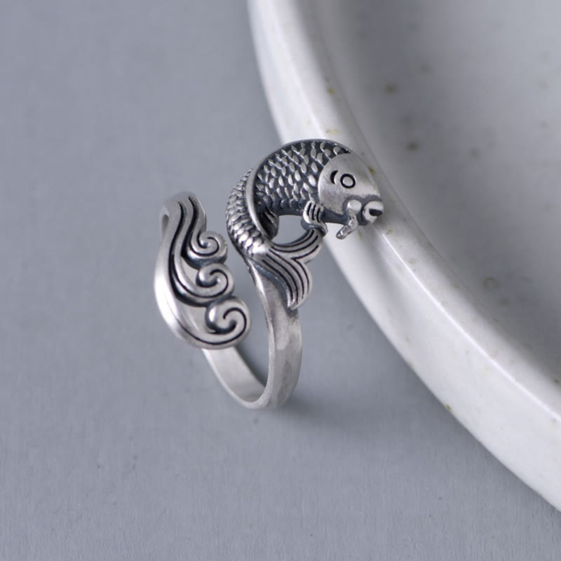 Nimara Ritual 925 Sterling Silver Koi Fish Water Ripple Luck Wealth Ring