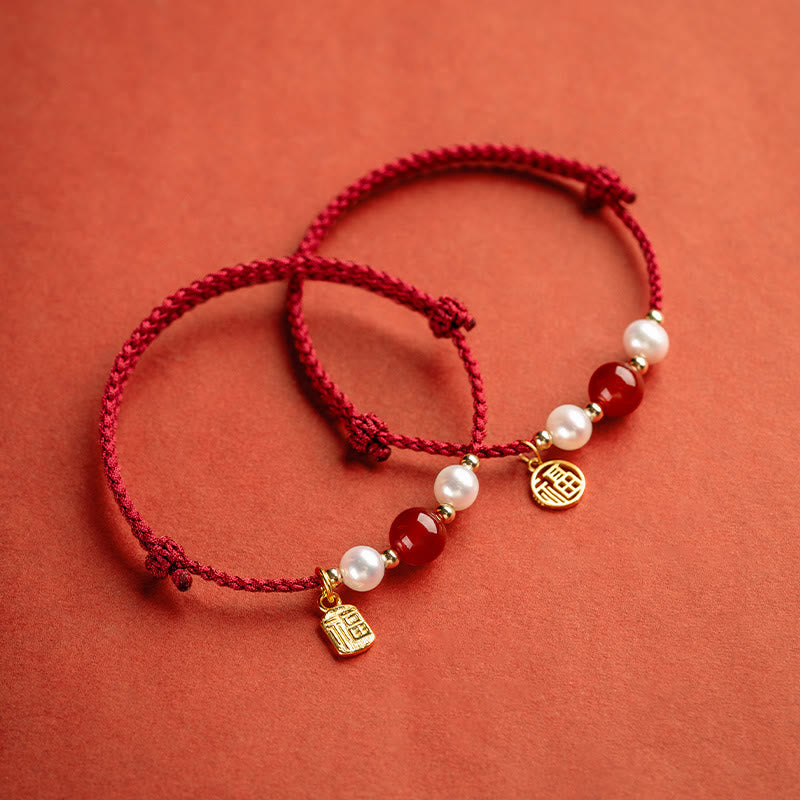 Nimara Ritual 925 Sterling Silver Good Fortune Fu Character Agate Pearl Red String Braid Bracelet