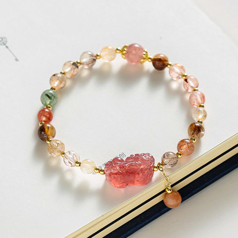Nimara Ritual Natural Rutilated Quartz Strawberry Quartz PiXiu Wealth Bracelet