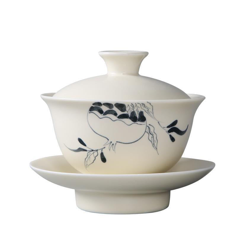 Nimara Ritual Hand Painted Pomegranate Hibiscus Pine Lotus Ceramic Gaiwan Sancai Teacup Kung Fu Tea Cup And Saucer With Lid