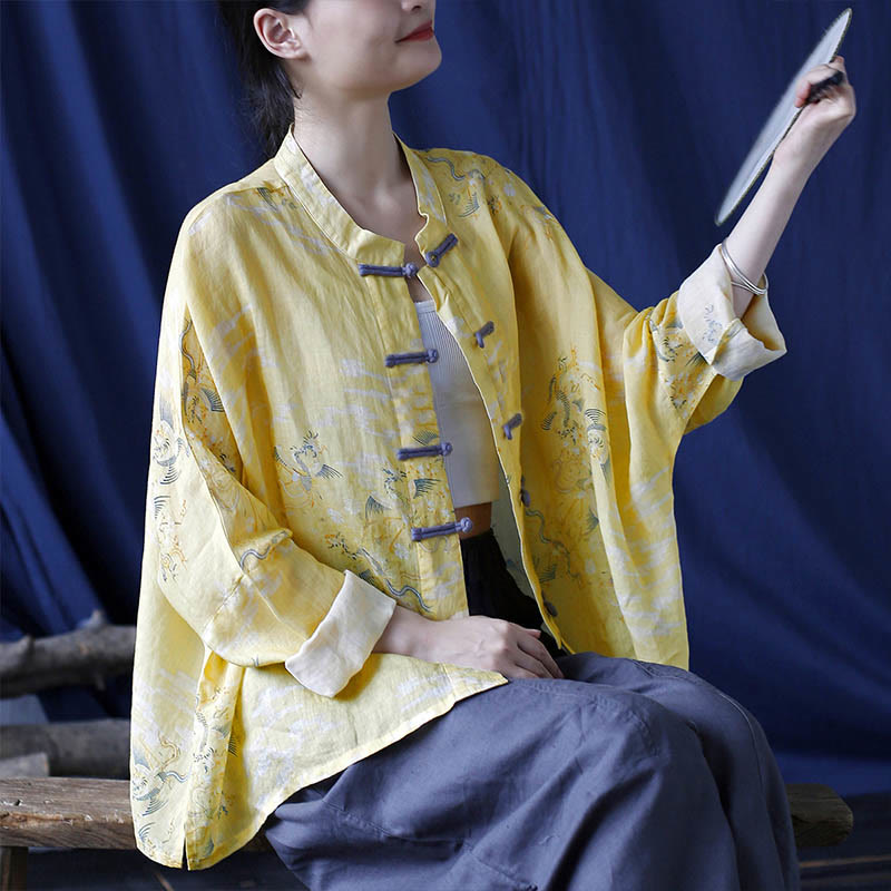 Nimara Ritual Yellow Phoenix Print Frog-button Design Long Sleeve Ramie Linen Jacket Shirt