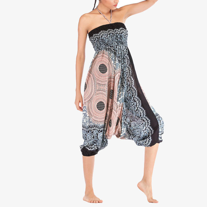 Nimara Ritual Two Style Wear Round Geometric Pattern Loose Smocked Harem Trousers Jumpsuit High Waist Women's Yoga Pants