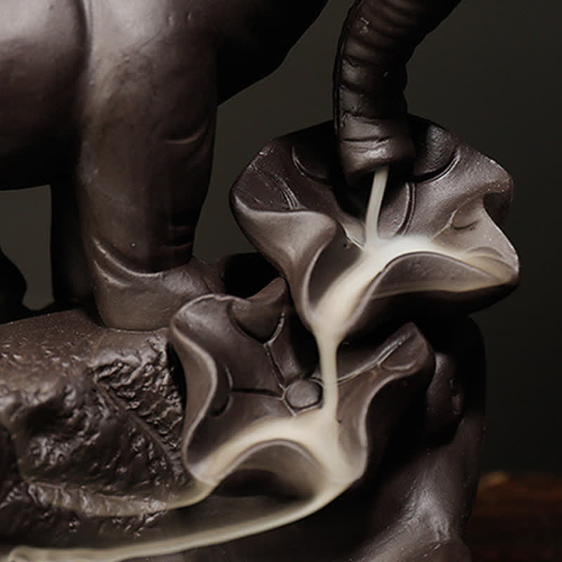 Nimara Ritual Tibetan Elephant Purple Clay Backflow Smoke Fountain Peace Healing Incense Burner Decoration
