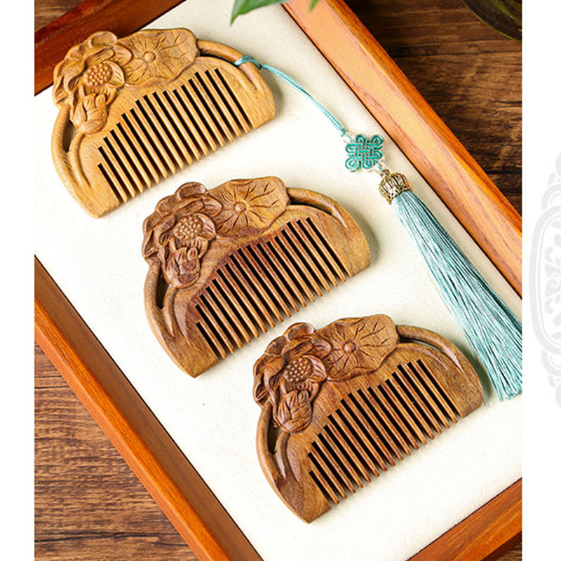 Nimara Ritual Natural Green Sandalwood Lotus Flower Leaf Engraved Soothing Comb