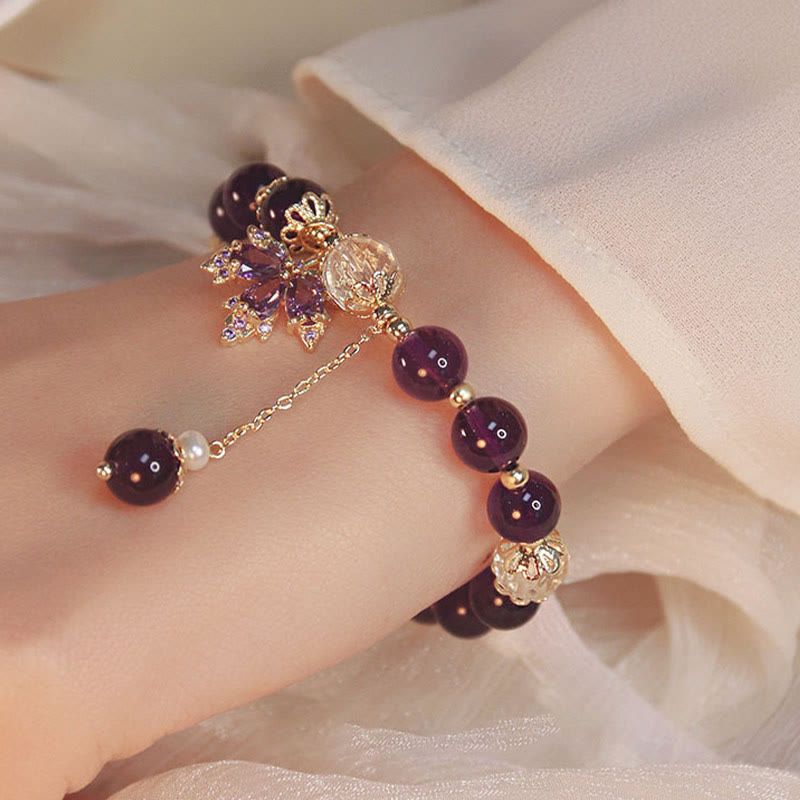 Nimara Ritual 14k Gold Plated Natural Amethyst Healing Maple Leaf Charm Bracelet
