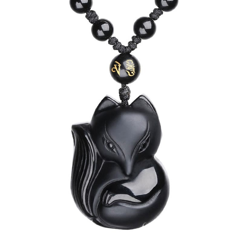 Nimara Ritual Natural Black Obsidian Tiger Eye Ice Obsidian Fox Pendant Amulet Necklace