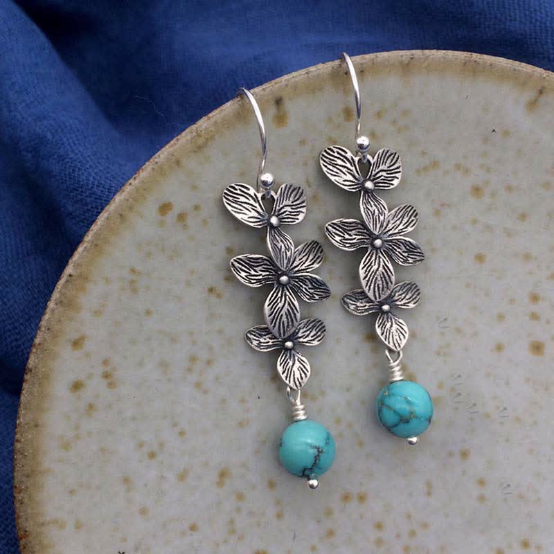 Nimara Ritual 925 Sterling Silver Turquoise Lazurite Flower Leaf Serenity Protection Hook Drop Dangle Earrings