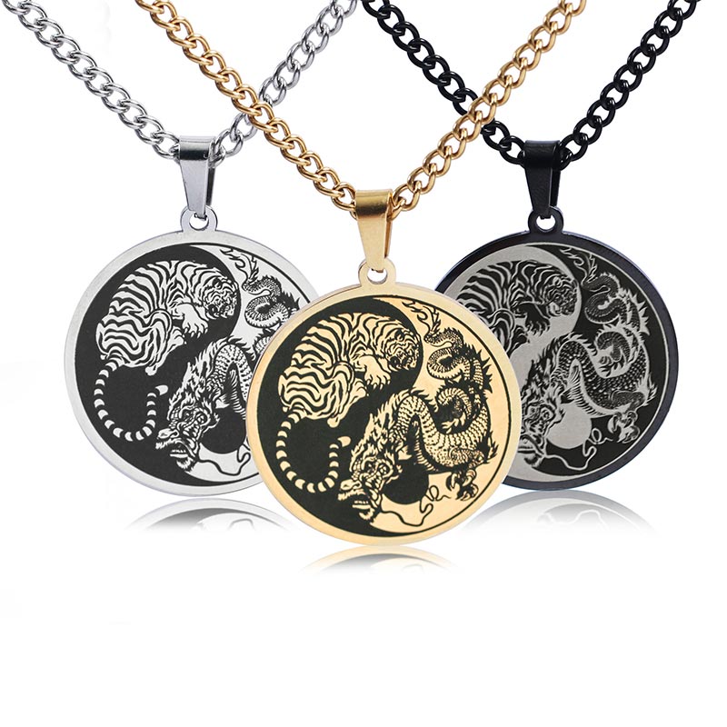 Nimara Ritual Tiger Dragon Titanium Steel Chain Necklace Harmony Pendant