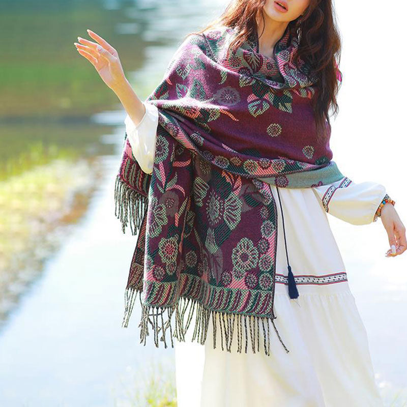Nimara Ritual Tibetan Flower Floral Leaves Pattern Design Shawl Cozy Travel Scarf Wrap