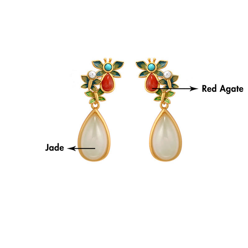 Nimara Ritual Water Drop White Jade Red Agate Butterfly Protection Drop Dangle Earrings