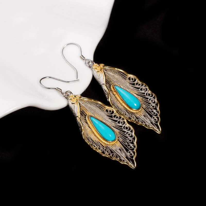 Nimara Ritual 925 Sterling Silver Turquoise Bodhi Leaf Pattern Protection Drop Dangle Earrings