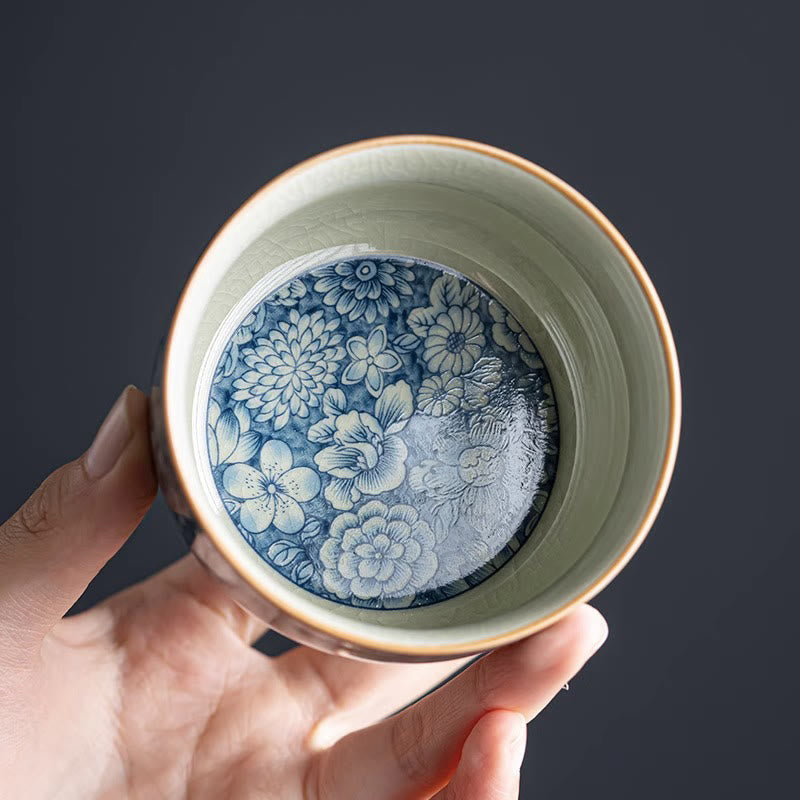Nimara Ritual Blue Lotus Peach Blossom Chrysanthemum Design Ceramic Teacup Kung Fu Tea Cups