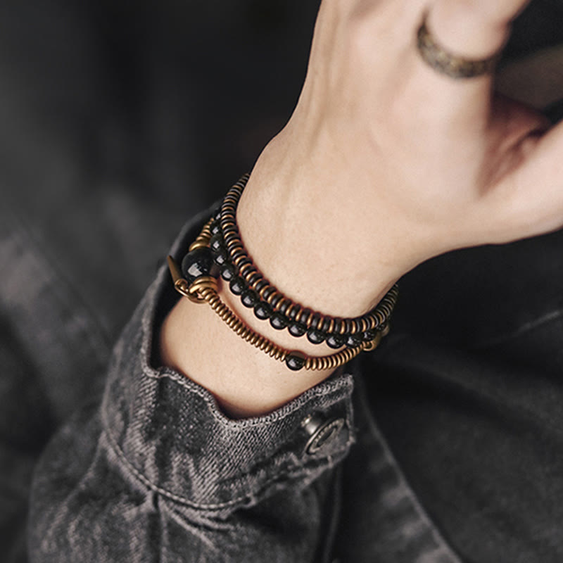 Nimara Ritual Rainbow Obsidian Ebony Wood Copper Healing Triple Wrap Bracelet