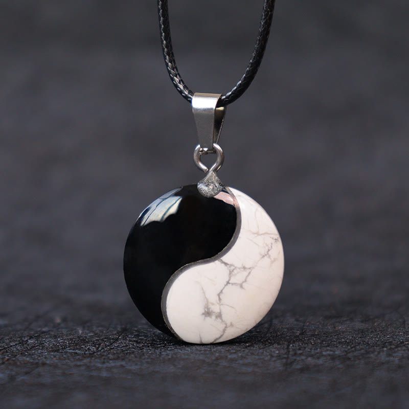 Nimara Ritual Natural Black Obsidian White Turquoise Yin Yang Transformation Rope Necklace Pendant