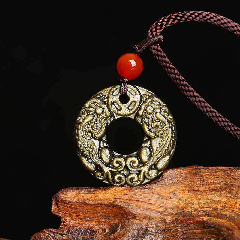 Nimara Ritual Gold Sheen Obsidian Peace Buckle Pixiu Copper Coin Wealth Necklace Pendant