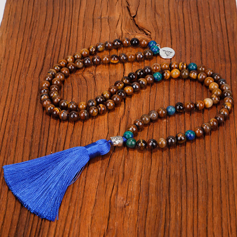 Nimara Ritual 108 Mala Beads Tiger Eye Buddha Strength Bracelet Tassel Necklace Pendant