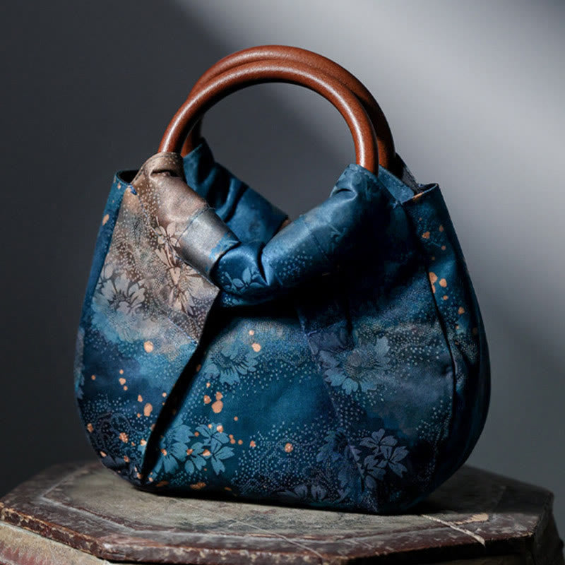 Nimara Ritual Handmade Jacquard Flower Blue Wooden Handle Handbag