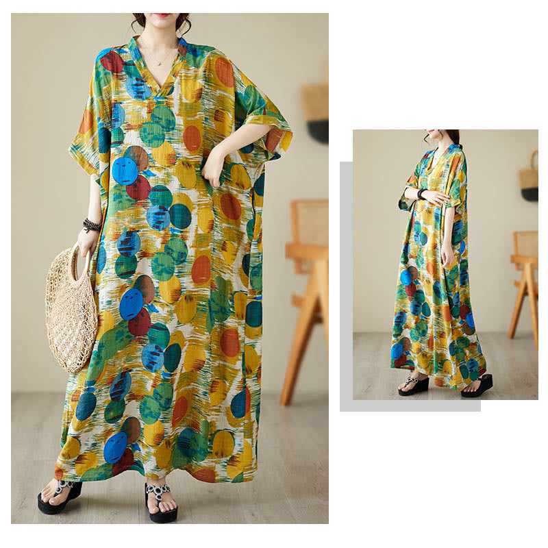 Nimara Ritual Orange Blue Colorful Polka Dots Midi Dress Cotton Half Sleeve Dress With Pockets