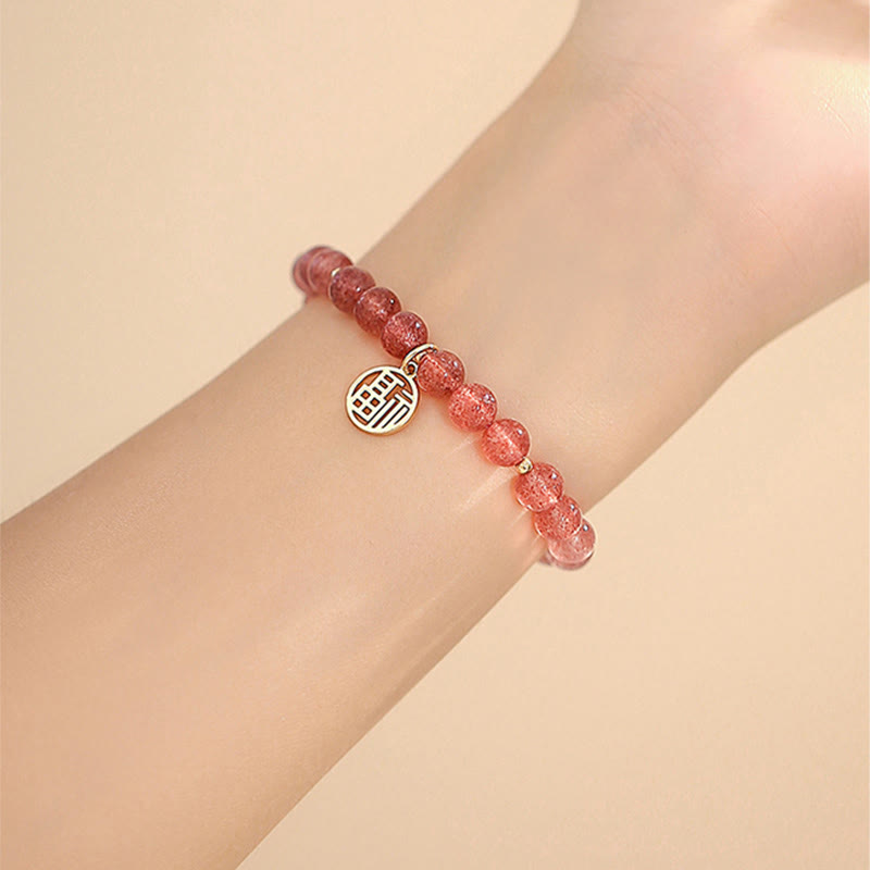 Nimara Ritual 14K Gold Plated Strawberry Quartz Fu Character Healing Charm Bracelet