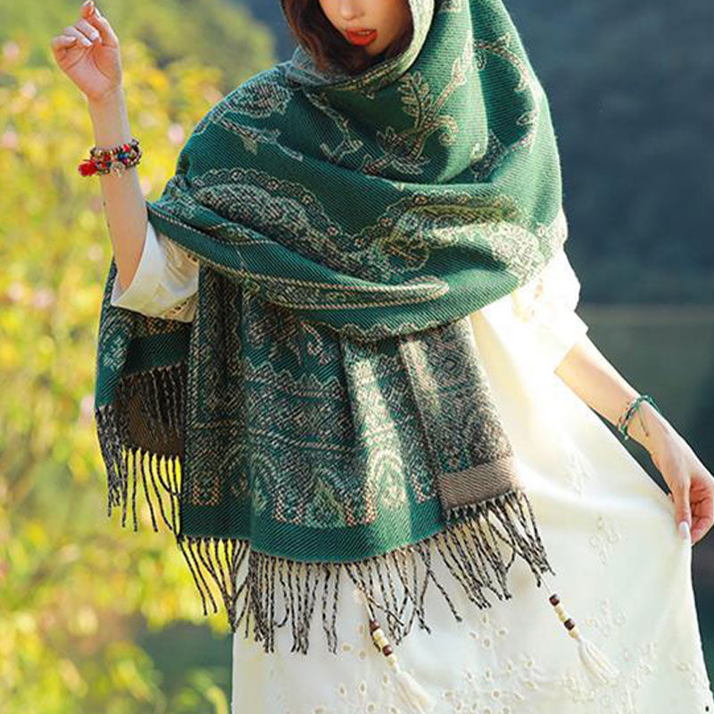 Nimara Ritual Vintage Tibetan Leaves Pattern Design Shawl Cozy Travel Scarf Wrap