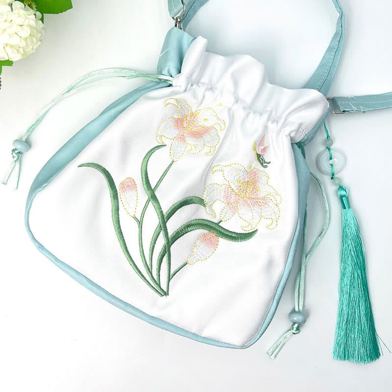 Nimara Ritual Embroidered Flowers Wisteria Lily Cotton Linen Tote Crossbody Bag Shoulder Bag Handbag