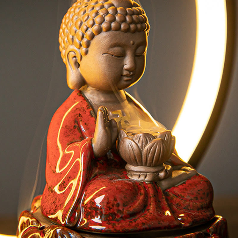 Nimara Ritual Buddha Lotus Backflow Smoke Fountain Ceramic Blessing Incense Burner With Light Decoration