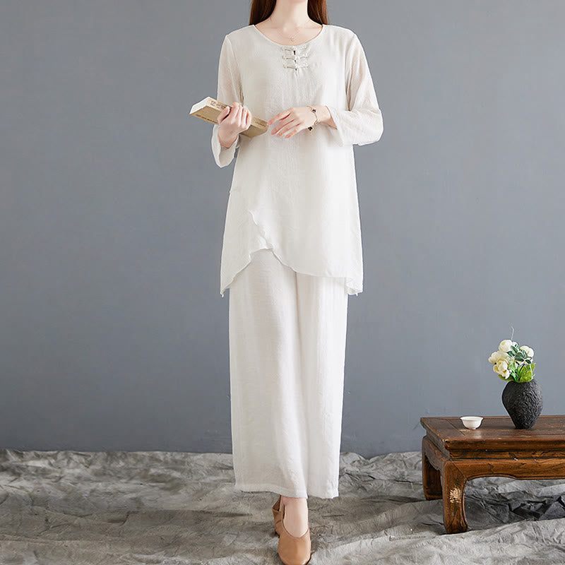 Nimara Ritual 2Pcs Frog-Button Long Sleeve Shirt Wide Leg Pants Meditation Cotton Linen Clothing