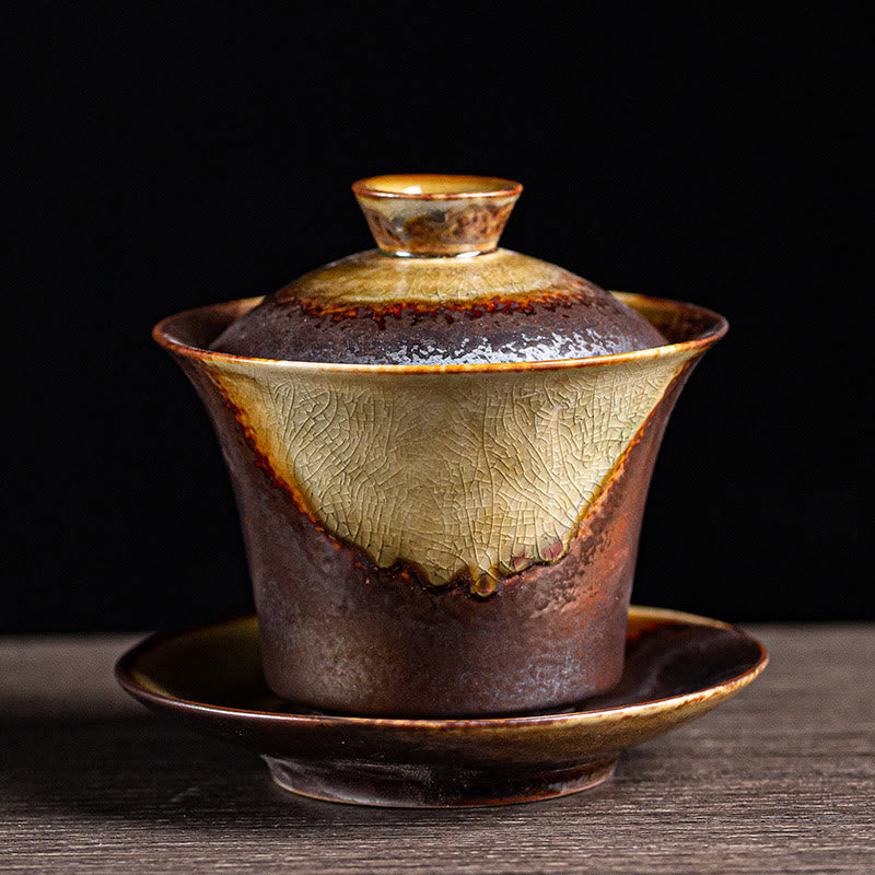 Nimara Ritual Vintage Brown Kiln Change Design Porcelain Ceramic Gaiwan Sancai Teacup Kung Fu Tea Cup And Saucer With Lid