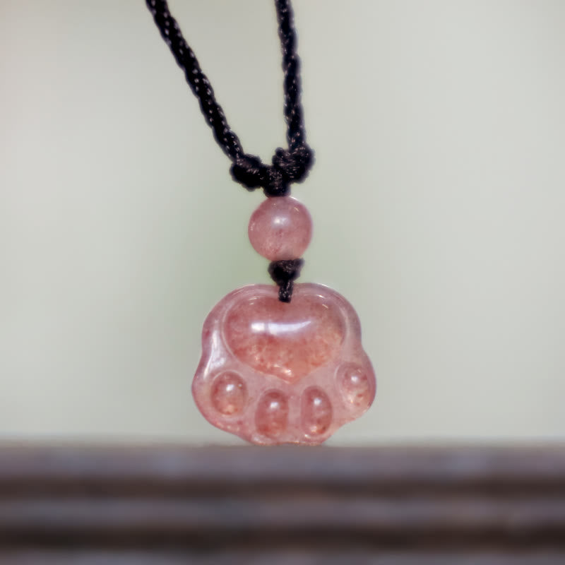 Nimara Ritual Strawberry Quartz Lovely Cat Paw Claw Healing Necklace Pendant