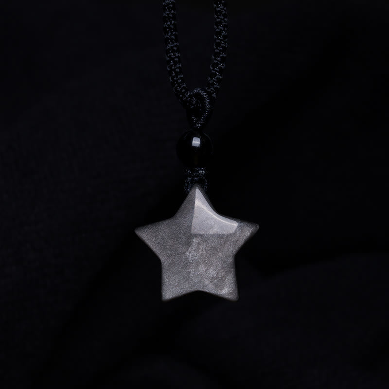 Nimara Ritual Natural Silver Sheen Obsidian Star Crescent Moon Protection Necklace Pendant