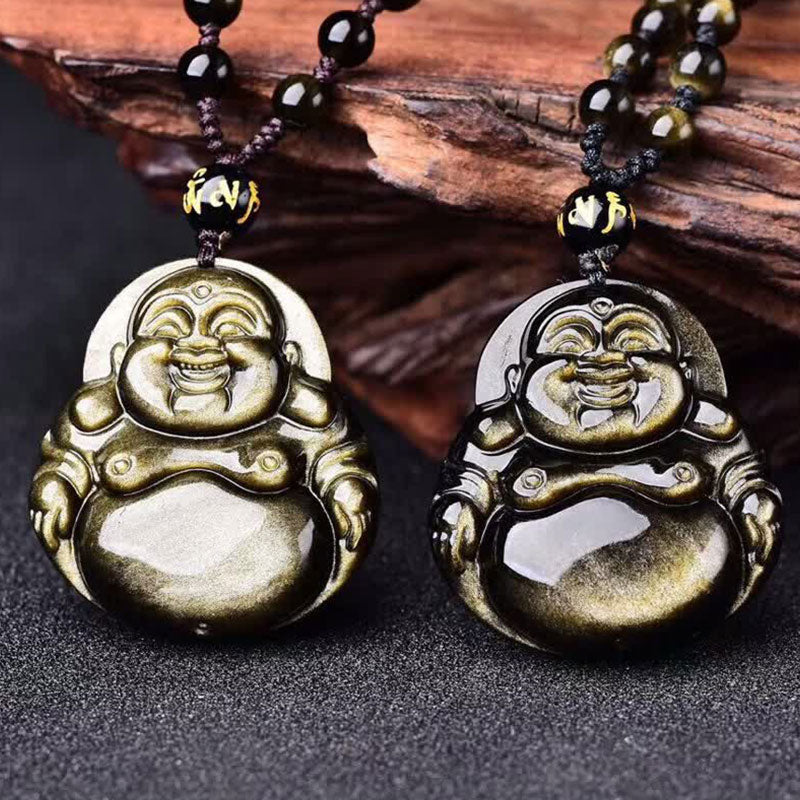 Nimara Ritual Laughing Buddha Gold Sheen Obsidian Wealth Necklace Pendant