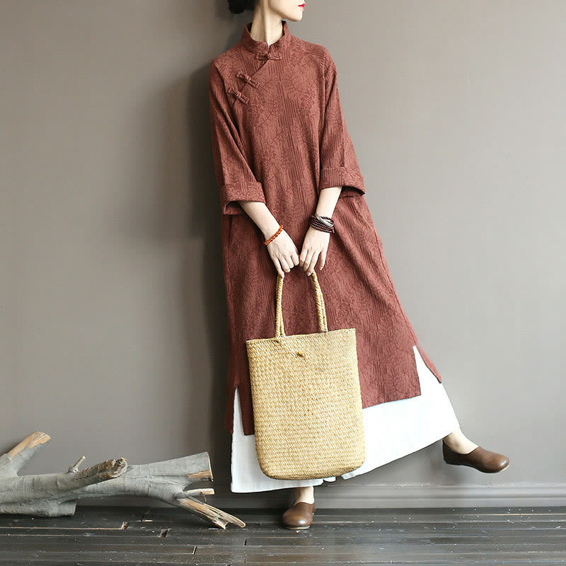 Nimara Ritual Flower Jacquard Midi Dress Long Sleeve Cotton Linen Dress Wide Leg Pants With Pockets