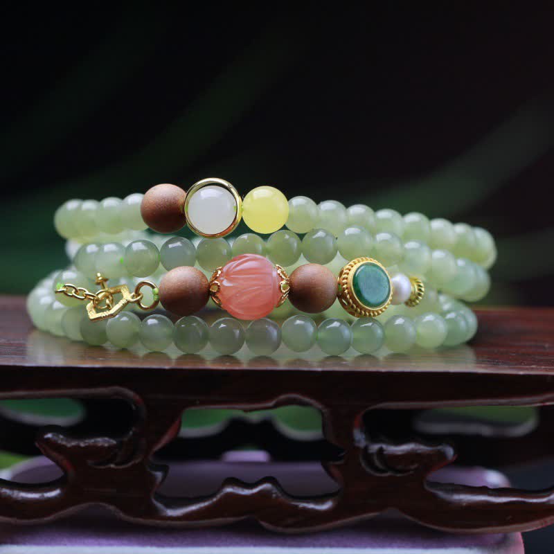 Nimara Ritual Natural Hetian Jade Amber Lotus Red Agate Luck Abundance Bracelet